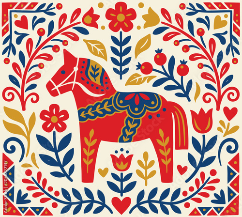 Traditional Swedish red Dala horse framed by Scandinavian folk art floral patterns and Kurbits designs.