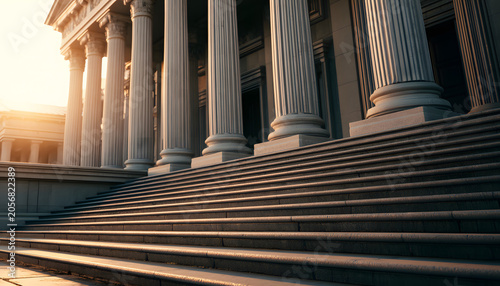 Sunlight bathes the ancient stone steps that lead to the courthouse's columns. The early morning peace encourages judicial justice and fresh starts. A tranquil ambiance for themes of law and order.