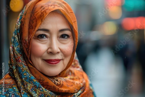 A woman wearing a colorful hijab smiles at the camera with a blurred city background. AI.