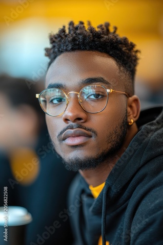 A close-up shot of a young man with glasses and short curly hair, looking directly at the camera. AI.