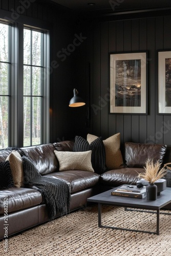 A dark modern living room features a brown leather sectional, textured pillows, throws, and a dark coffee table with decor. AI.