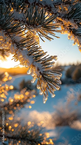 Sunlight gleams on ice-covered pine needles, with bokeh lights in the background. AI.