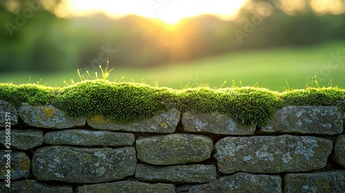 A moss-covered stone wall with a blurred green background and sunlight glowing through. AI.
