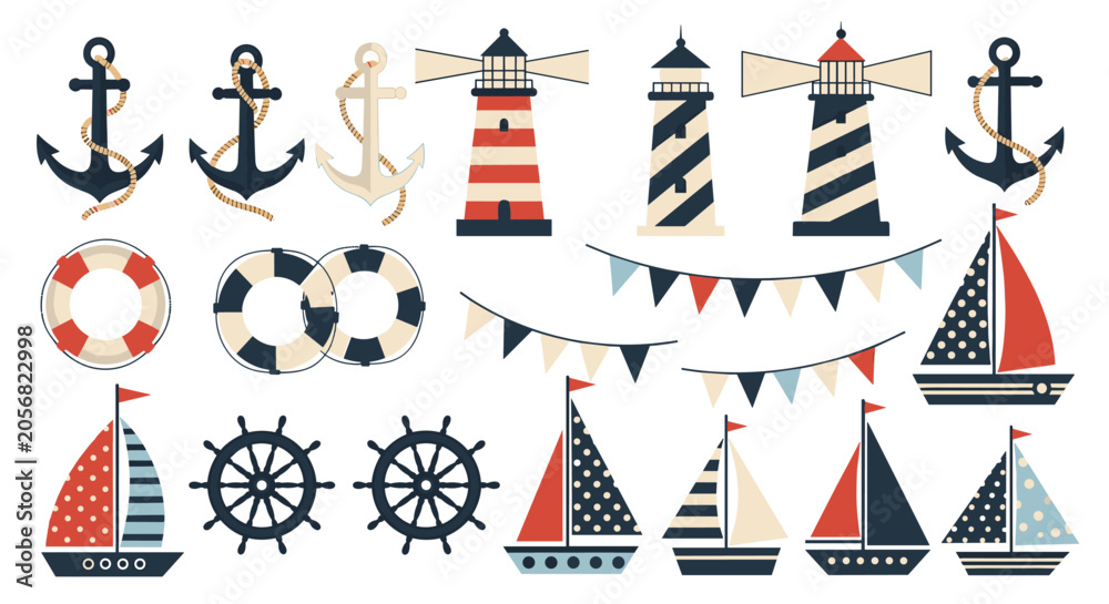 Fototapeta premium Comprehensive collection of nautical elements features anchors lighthouses sailboats and ship wheels on white.