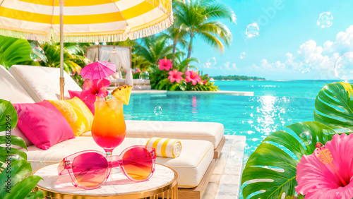 Bright tropical poolside scene with a colorful fruit drink, pink sunglasses, striped umbrella and sparkling ocean view.