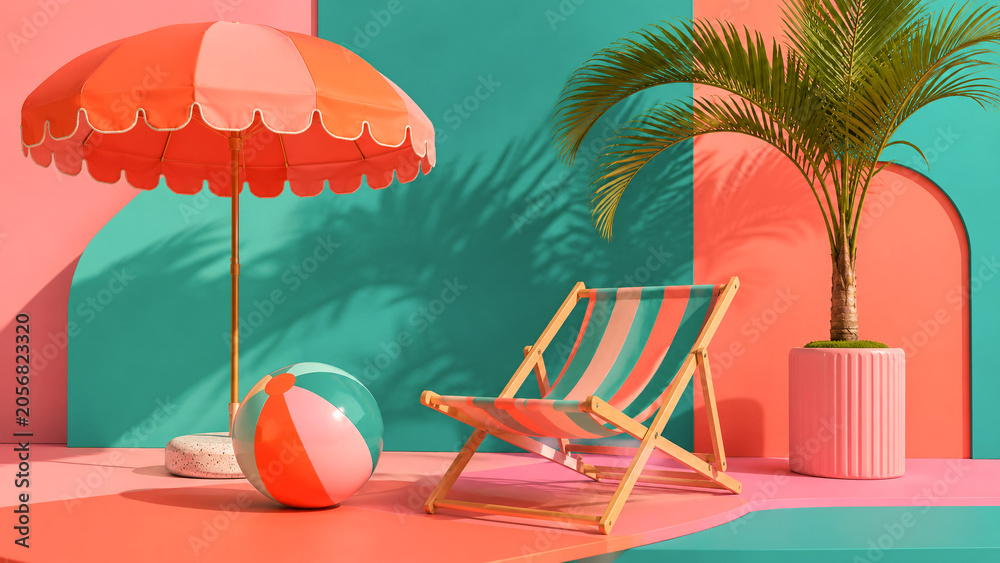 Obraz premium A coral beach umbrella and striped deck chair stand beside a palm against a teal and pink background.