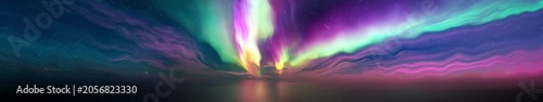 Aurora Borealis Panorama Over Ocean Horizon with Swirling Green, Pink, and Purple Northern Lights — Widescreen Night Sky