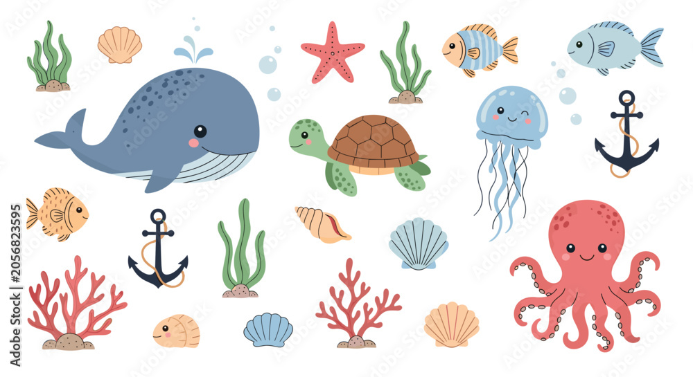Naklejka premium Cute baby sea creatures collection with a smiling whale, turtle, octopus, jellyfish, corals, sea shells, and anchors.