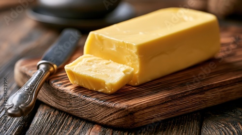 Golden butter rests on rustic wooden board