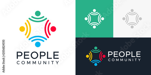 The community logo design concept features four abstract figures of people in circular motion united in a colorful square, symbolizing a strong community, diverse teamwork, and social connections.