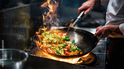 Fire crackles as chef flips sizzling vegetables