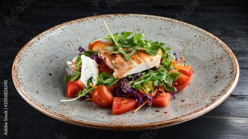 Grilled fish rests atop fresh greens and juicy tomatoes
