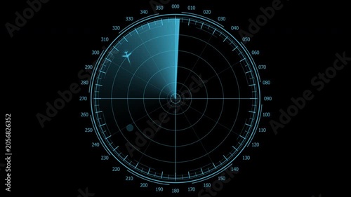 Blue military radar screen animation with rotating sweep tracking a plane and two approaching UAP targets