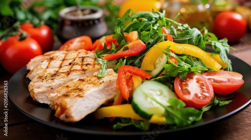 Grilled chicken rests on a vibrant salad