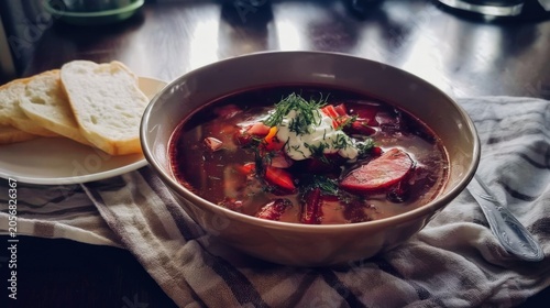 Hearty soup with fresh herbs and vegetables in a warm bowl
