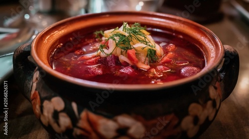 Warm, rich beet soup in rustic earthenware bowl