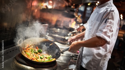 Chef skillfully stir-fries vibrant vegetables in a hot wok