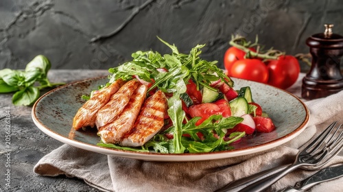 Grilled chicken rests on a bed of greens and fresh vegetables