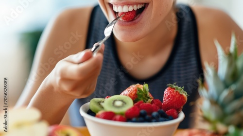 Person smiles while eating fresh fruit with a fork