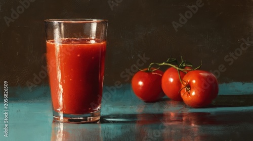 Glass of vibrant tomato juice beside fresh, ripe tomatoes