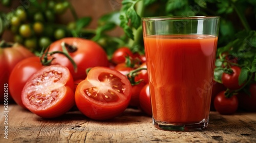 Fresh tomatoes surround a glass of vibrant juice