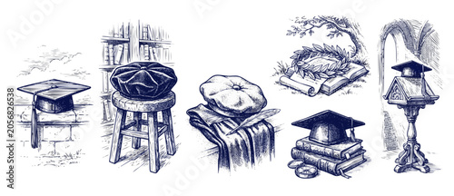 Tableau sur toile Graduation cap sketch vintage set featuring academic books, mortarboard, laurel