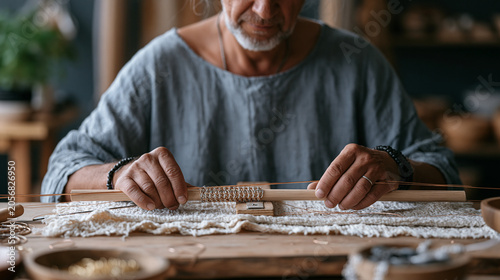 jewelry maker pulling copper wire through drawplate forming Viking knit tube on wooden dowel craft market studio worktable wire weaving traditional Scandinavian technique