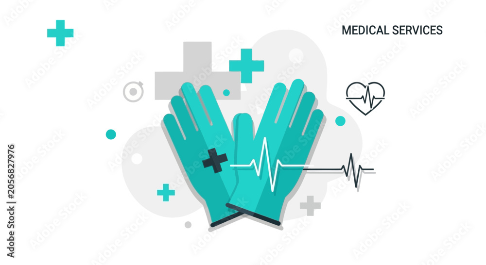 Fototapeta premium Medical Illustration Featuring Surgical Gloves and Health Heartbeat Elements