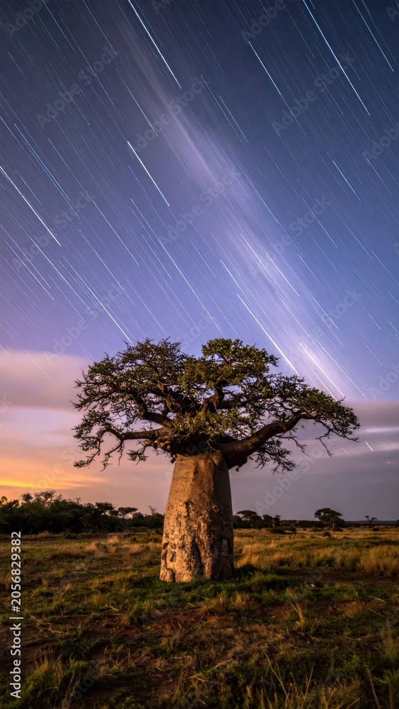 Fototapeta premium Baobab Tree Under Star Trails at Dusk.
