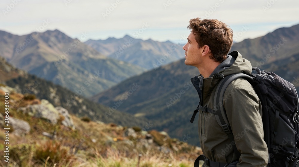 Fototapeta premium Young man gazing over mountain valley from hiking ridge