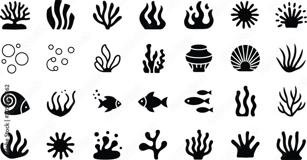 Fototapeta premium Marine Life Silhouette Vector Icon Set Featuring Coral Seaweed Fish Shell Bubbles and Underwater Ocean Elements Collection