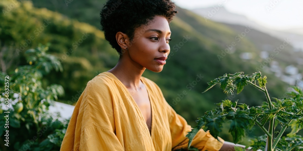 Naklejka premium Young woman gardening on a balcony in a yellow dress with green plants and mountain view for lifestyle background and sustainable home gardening banner