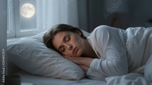 Young woman sleeping peacefully in bed by window at night