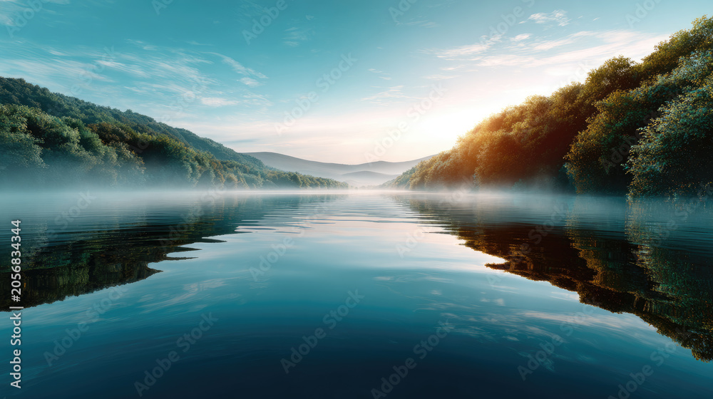 Fototapeta premium Tranquil morning fog drifts gently over still lake water, reflecting the vibrant sunrise and clear sky as distant hills are covered with lush evergreen forest