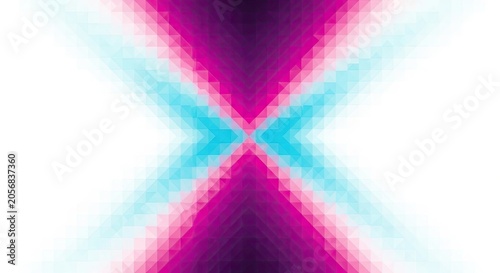 White background with pink and blue pixelated X.