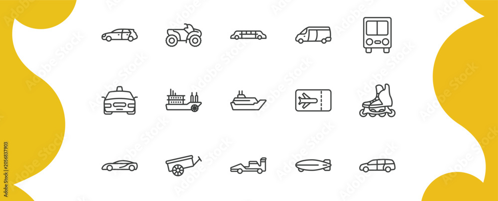Obraz premium transportation outline icon set. thin line hatchback, all terrain vehicle, van, minivan and more icons. editable vector