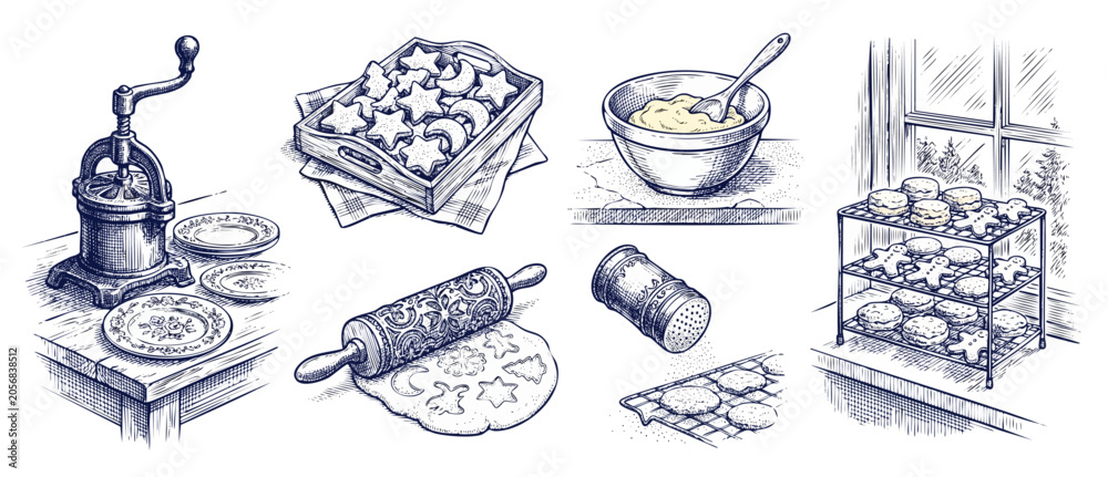 Fototapeta premium Vintage Christmas baking sketch set showing holiday cookie preparation steps with embossed rolling pin, dough, mixing bowl, shaker, cooling rack and plates. Cozy rustic hand drawn kitchen engraving ar