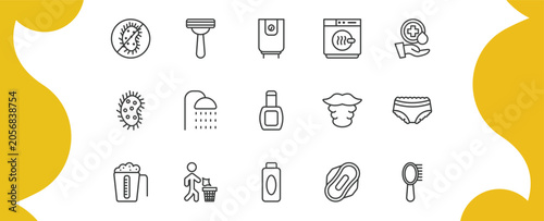 hygiene outline icon set. thin line antibacterial, shaving razor, dryer, primp and more icons. editable vector