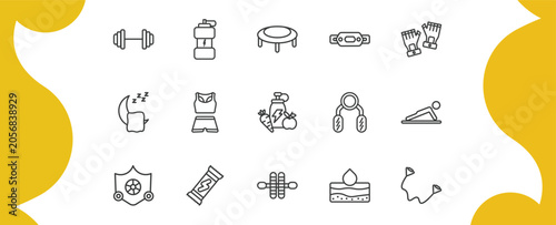 gym and fitness outline icon set. thin line barbell weightlifting, isotonic, fitness belt, exercise bands and more icons. editable vector
