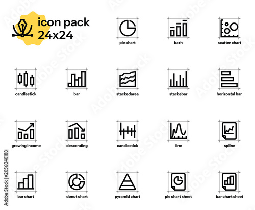 Set of minimalist outline vector icons on the theme of analytics and charts. 24x24, editable outlines.