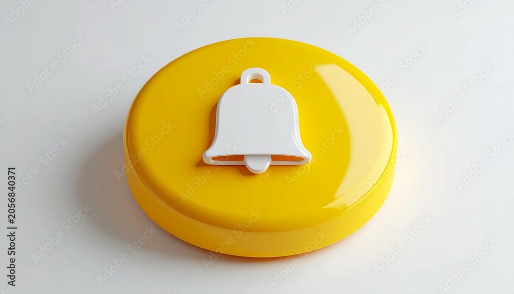 Fototapeta premium Glossy yellow circular button with white bell notification icon isolat