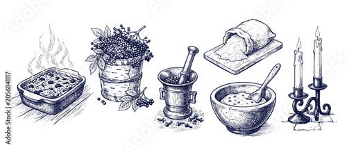 Foto Vintage baking sketch illustration set featuring rustic cooking ingredients, elderberry basket, flour sack, mixing bowl, mortar and pestle, and candles for traditional old recipe culinary design
