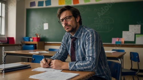 Serious Male Teacher Writing Notes and Reflecting in an Empty Classroom During Class Hours