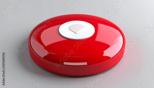 Glossy red circular button with white pushpin icon isolated on white b