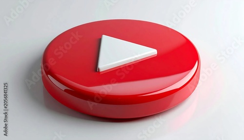 Glossy red circular play button with white triangle icon isolated on w