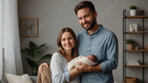 Loving Parents Holding Their Newborn Baby in a Cozy Modern Living Room Setting
