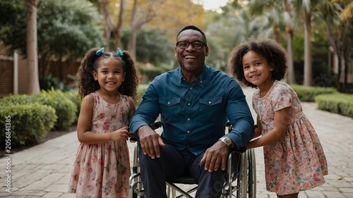 Smiling Father in Wheelchair with Two Young Daughters Enjoying a Sunny Day in the Park