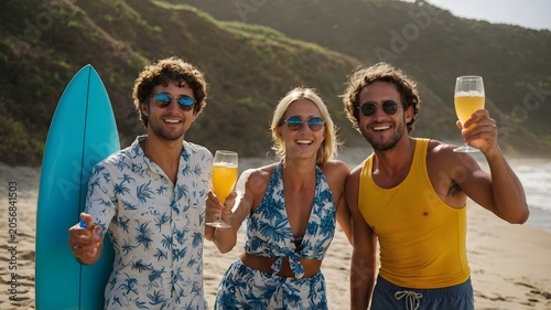 Group of Friends Toasting with Drinks on a Sunny Beach with Surfboard in Coastal Setting