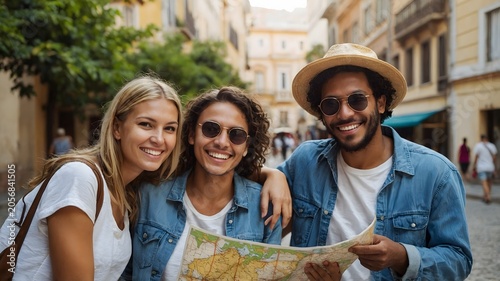 Group of Three Friends Smiling and Looking at a Map While Exploring a Charming City Street