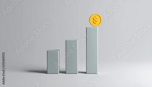 3D upward bar chart with coin revenue graph icon isolated on white bac